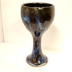 RARE Vintage Handcrafted Churning Pottery Art Goblet Blues Dripping Glazed 8"